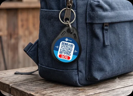 Chaveiro AR Vital com QR Code e NFC preso a uma mochila no dia a dia