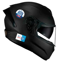 Capacete de motociclista preto fosco com adesivo AR Vital de emergência com QR Code