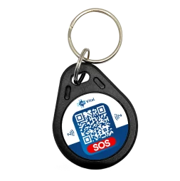 Chaveiro AR Vital preto com QR Code e botão SOS para acesso à ficha médica