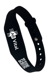 Pulseira de silicone AR Vital preta com QR Code e NFC para ficha médica de emergência